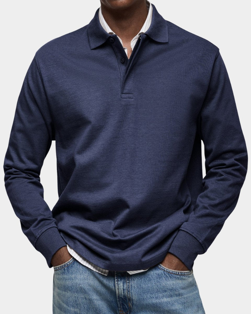 Heren Klassiek Langarm Poloshirt met Polokraag - Marineblauw