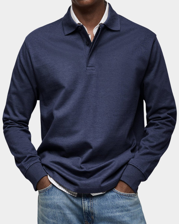 Heren Klassiek Langarm Poloshirt met Polokraag - Marineblauw