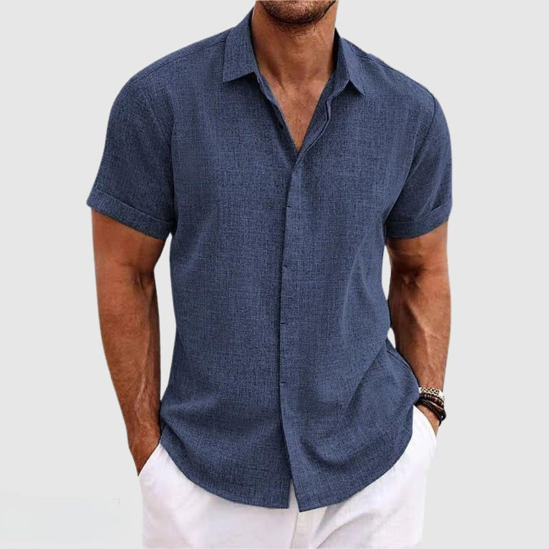 Heren Korte Mouw Linnen Overhemd met Knoopsluiting - Blauw