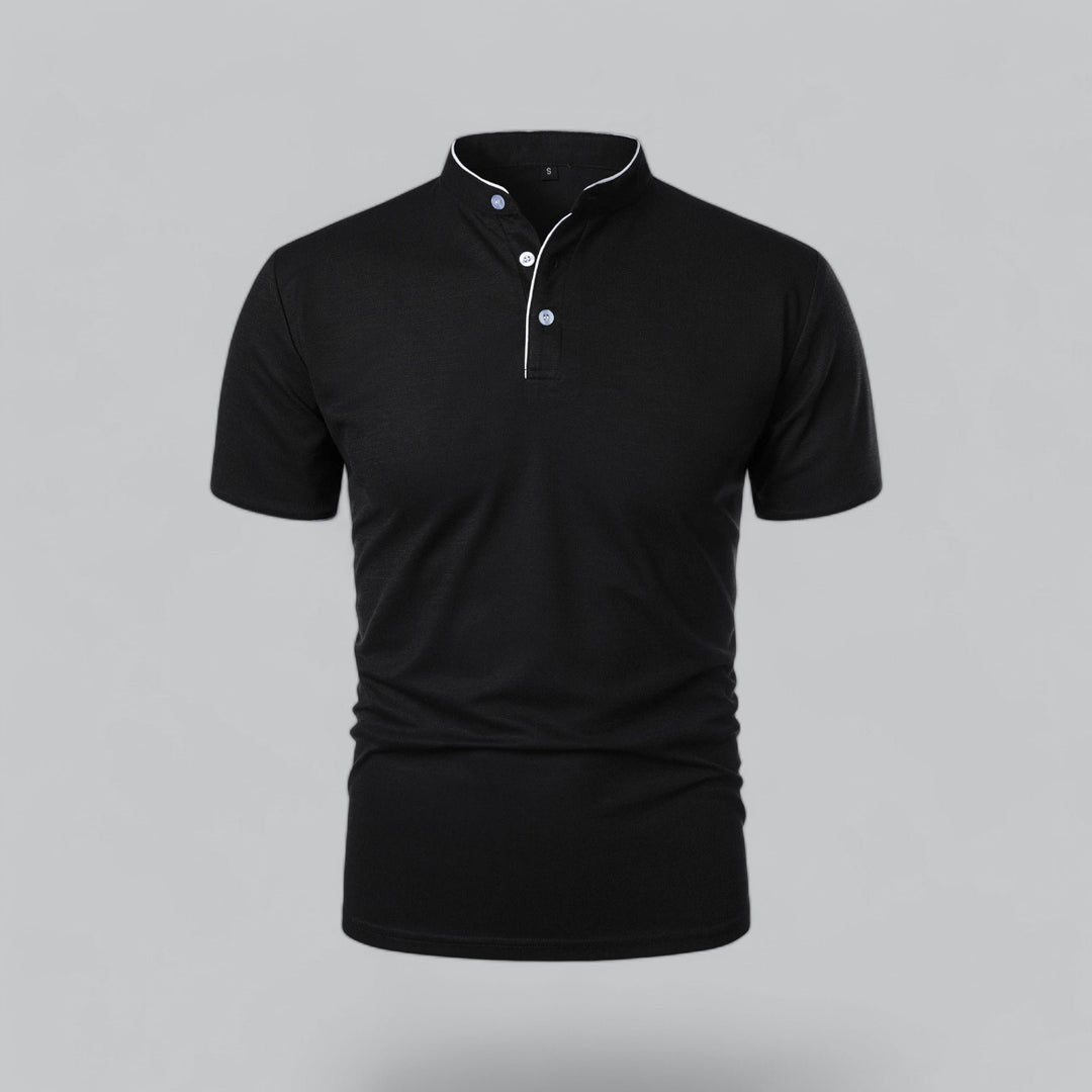 Heren Kraagloze Katoen Polo Shirt Korte Mouwen - Black