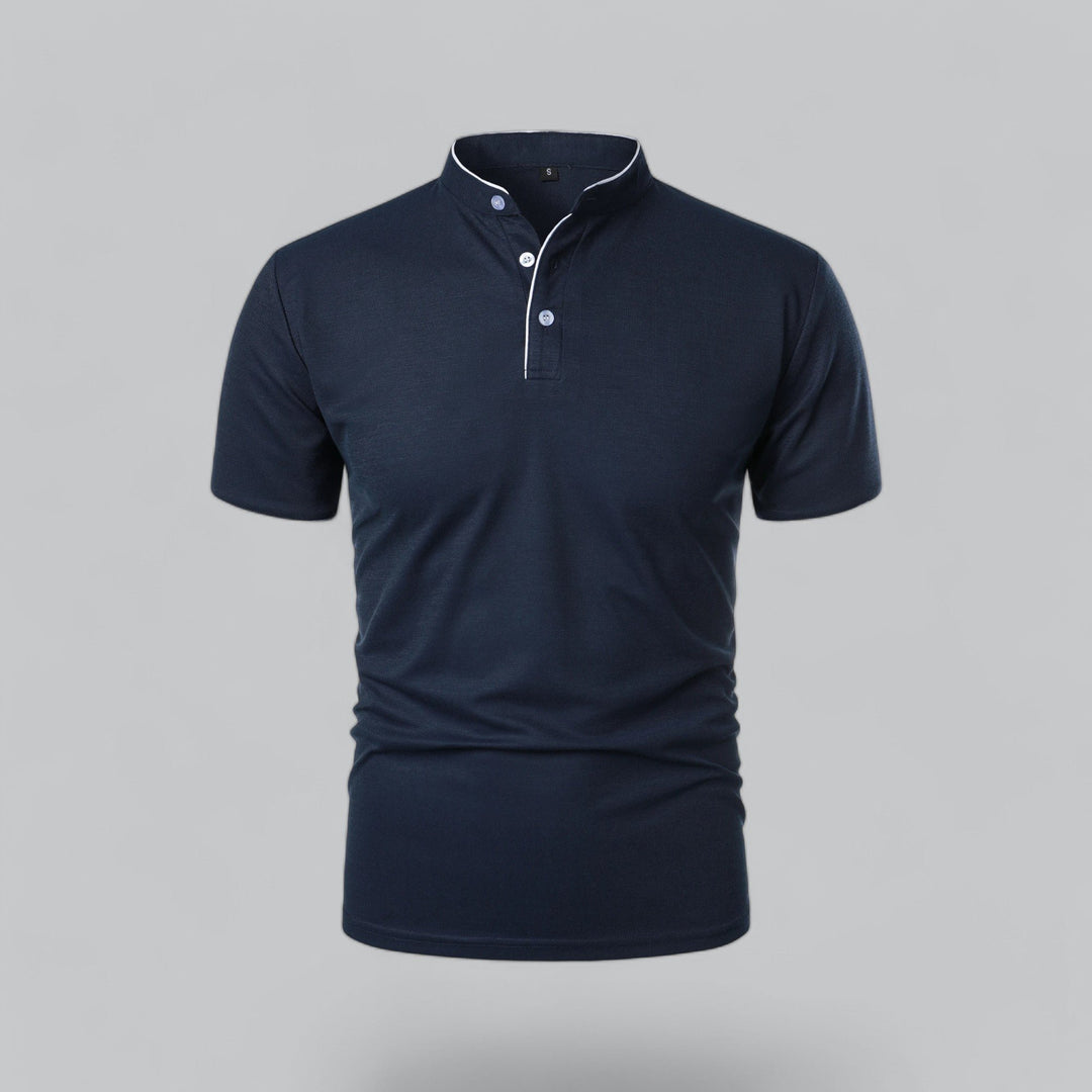 Heren Kraagloze Katoen Polo Shirt Korte Mouwen - Navy Blue