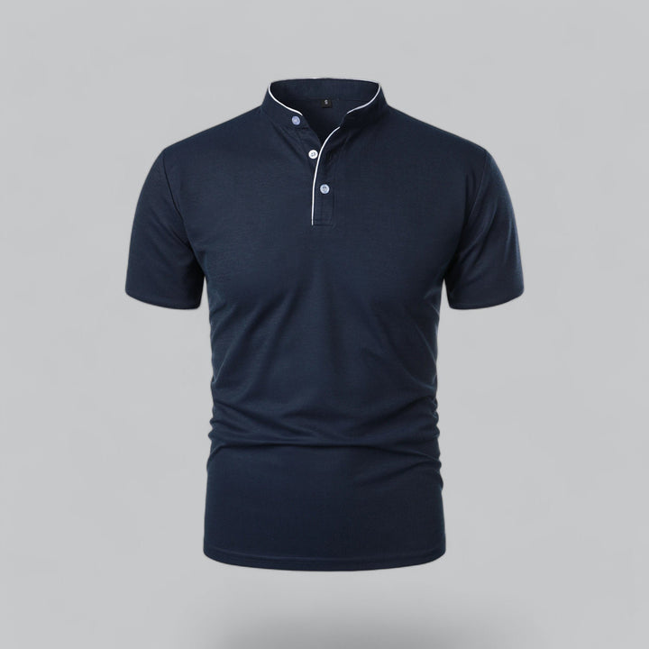 Heren Kraagloze Katoen Polo Shirt Korte Mouwen - Navy Blue