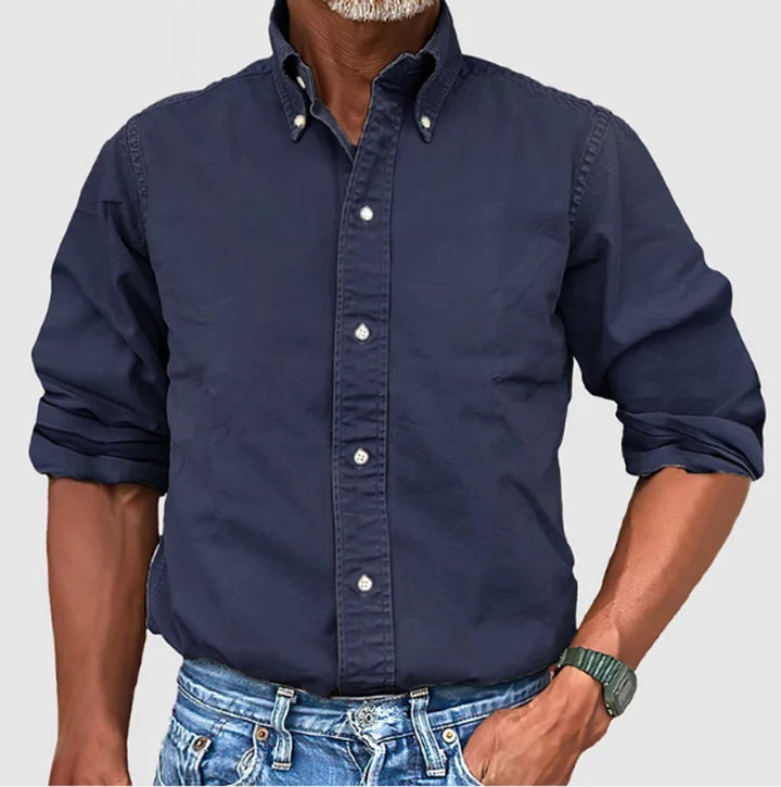 Heren Kreukbestendig Casual Langarmhemd Met Knoopsluiting - Marineblauw
