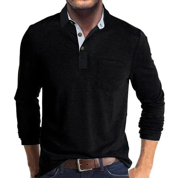 Heren Langarm Poloshirt met Borstzak Klassieke Kraag - Zwart