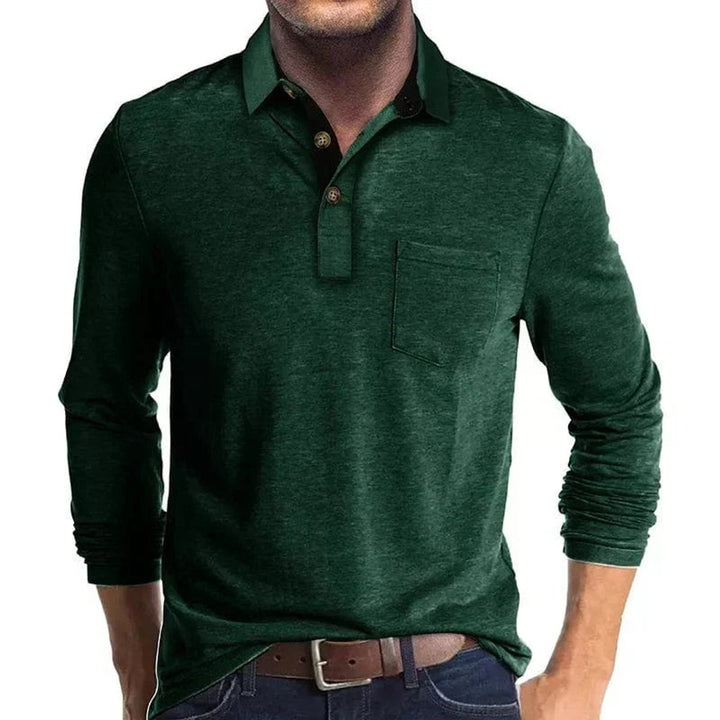 Heren Langarm Poloshirt met Borstzak Klassieke Kraag - Groen