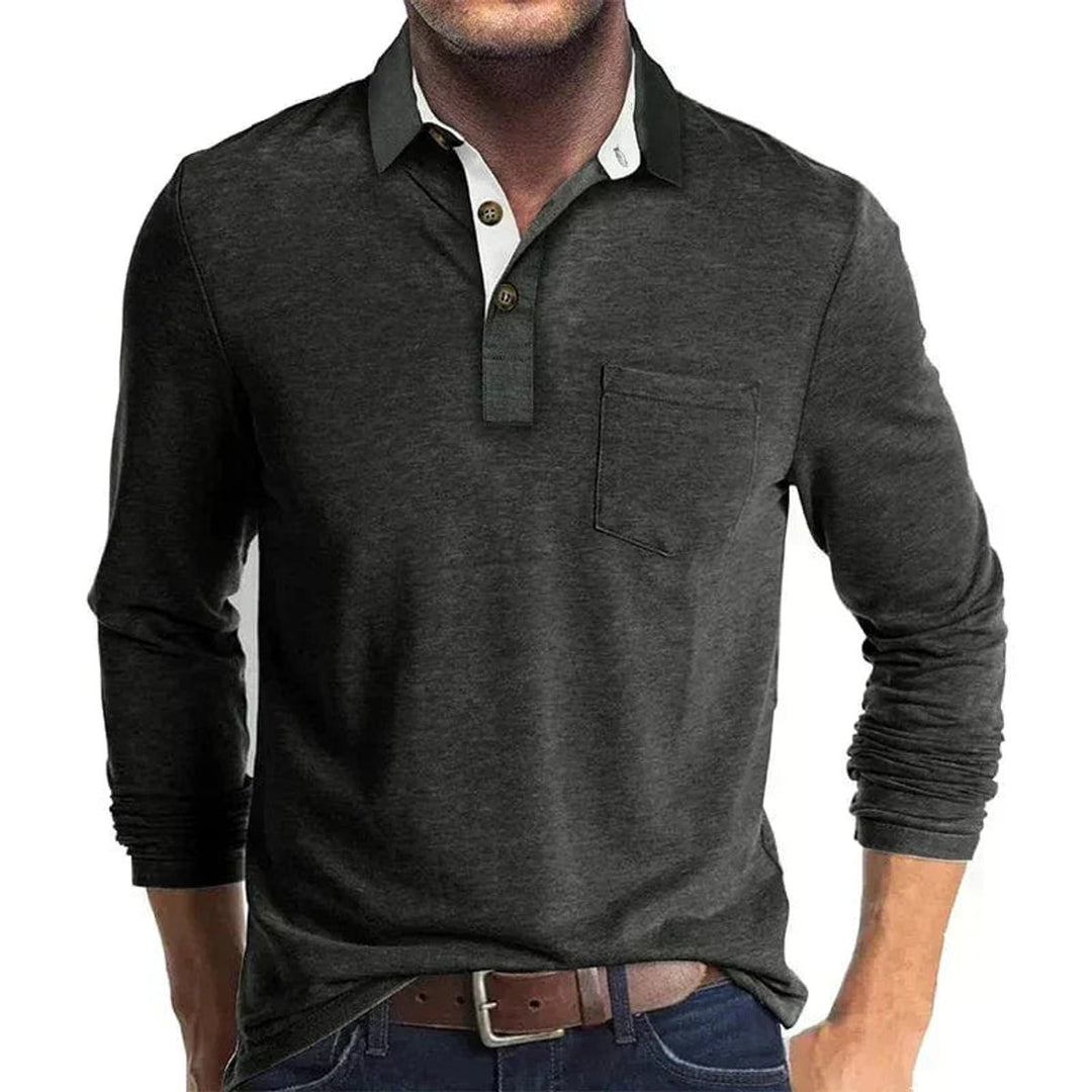 Heren Langarm Poloshirt met Borstzak Klassieke Kraag - Donkergrijs