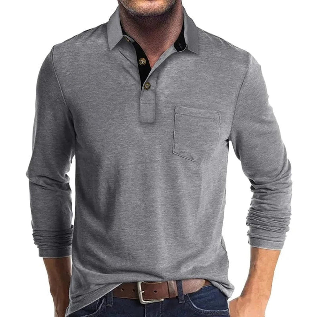 Heren Langarm Poloshirt met Borstzak Klassieke Kraag - Lichtgrijs