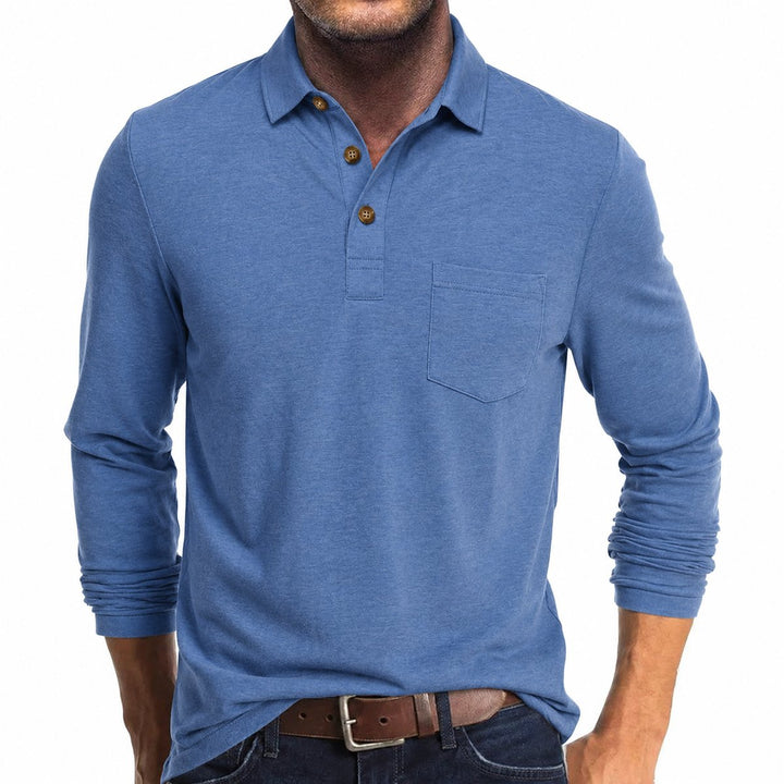 Heren Langarm Poloshirt met Borstzak Klassieke Kraag - Lichtblauw