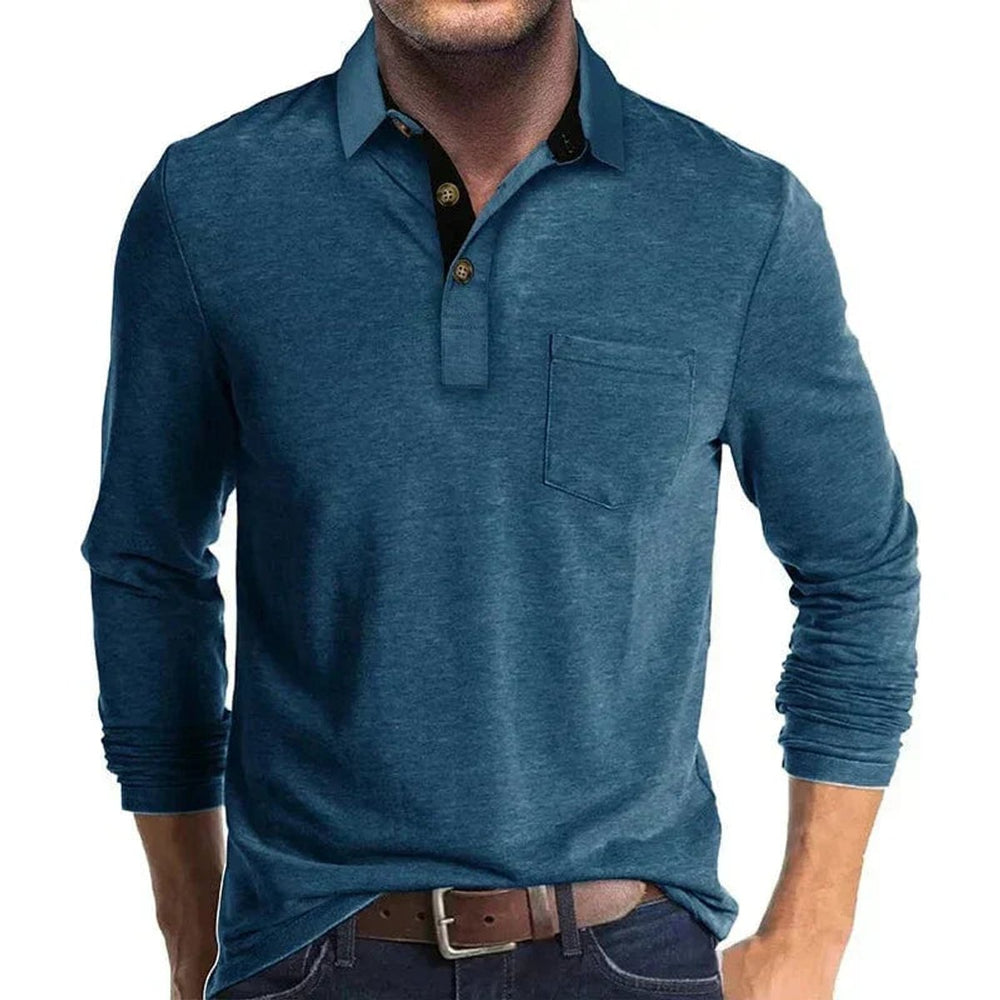 Heren Langarm Poloshirt met Borstzak Klassieke Kraag - Blauw