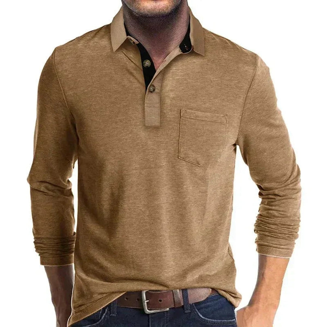 Heren Langarm Poloshirt met Borstzak Klassieke Kraag - Bruin