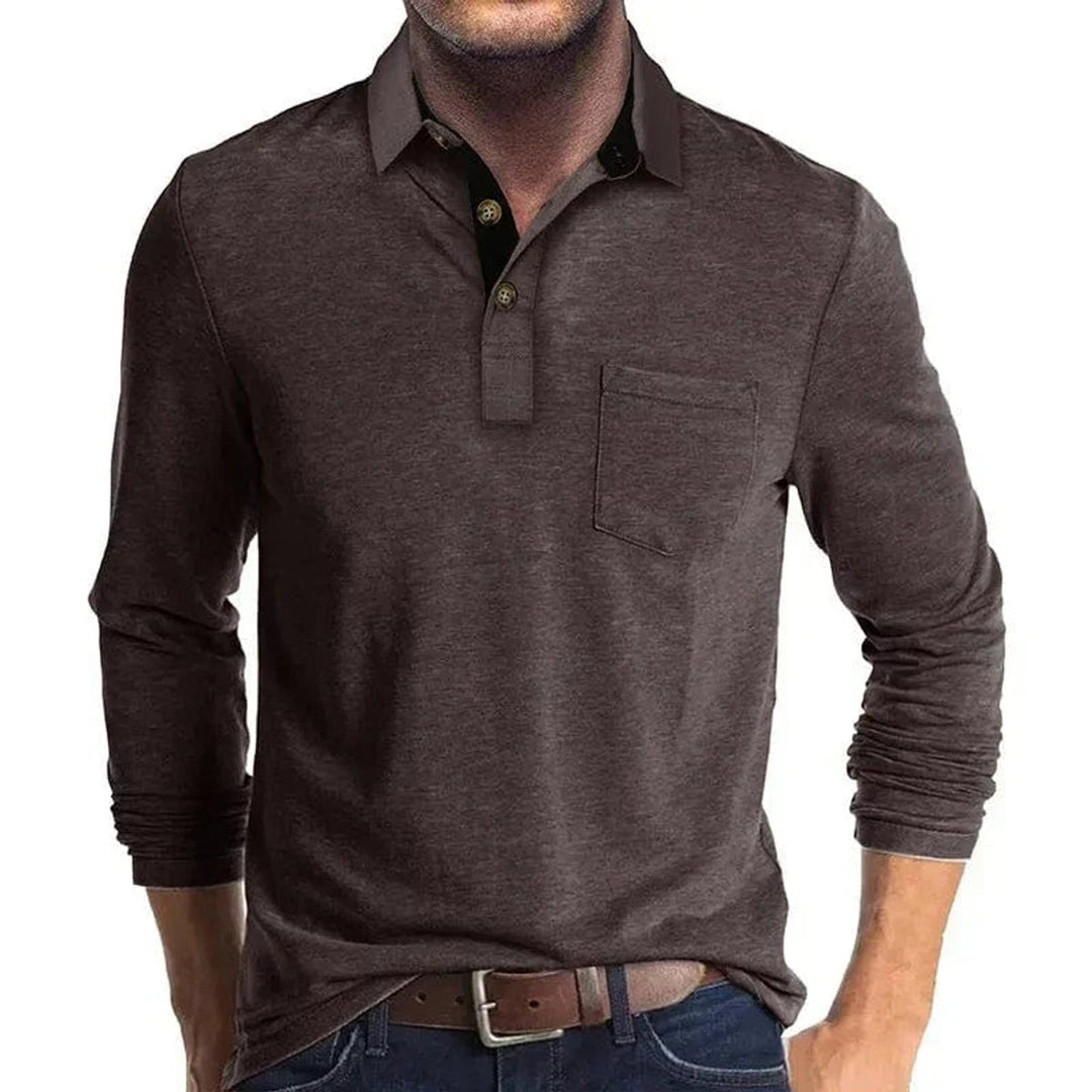 Heren Langarm Poloshirt met Borstzak Klassieke Kraag - Donkerbruin