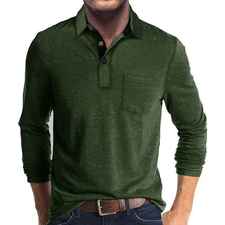 Heren Langarm Poloshirt met Borstzak Klassieke Kraag - Donkergroen