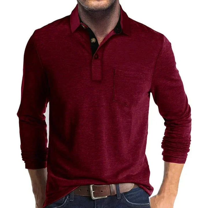 Heren Langarm Poloshirt met Borstzak Klassieke Kraag - Rood