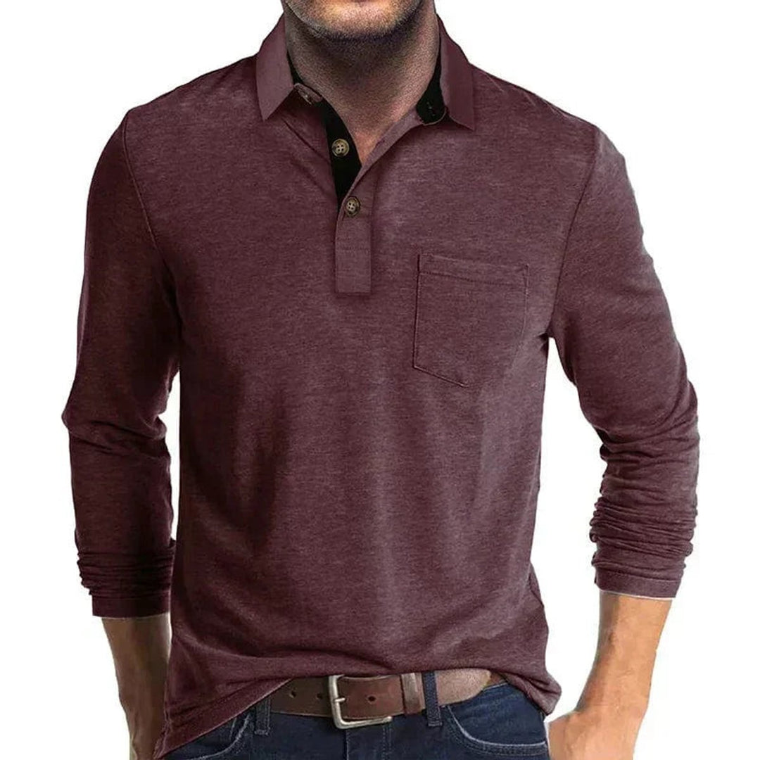 Heren Langarm Poloshirt met Borstzak Klassieke Kraag - Donkerrood