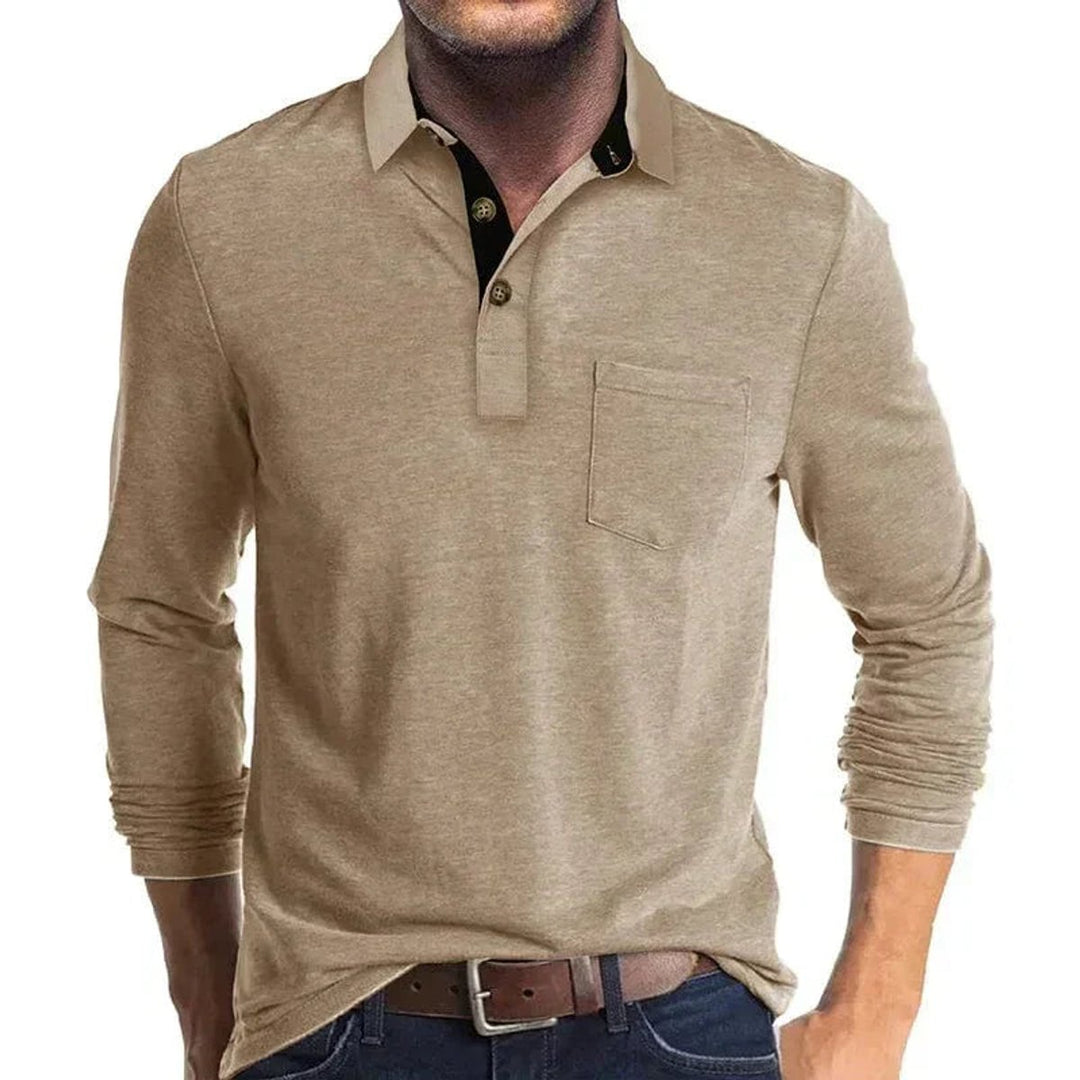 Heren Langarm Poloshirt met Borstzak Klassieke Kraag - Khaki