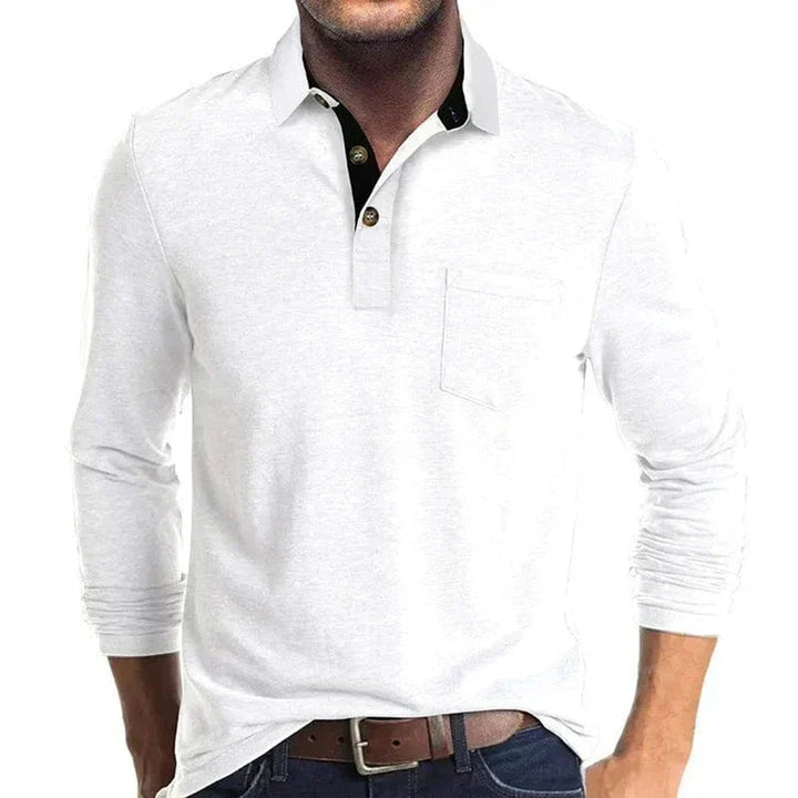 Heren Langarm Poloshirt met Borstzak Klassieke Kraag - Wit