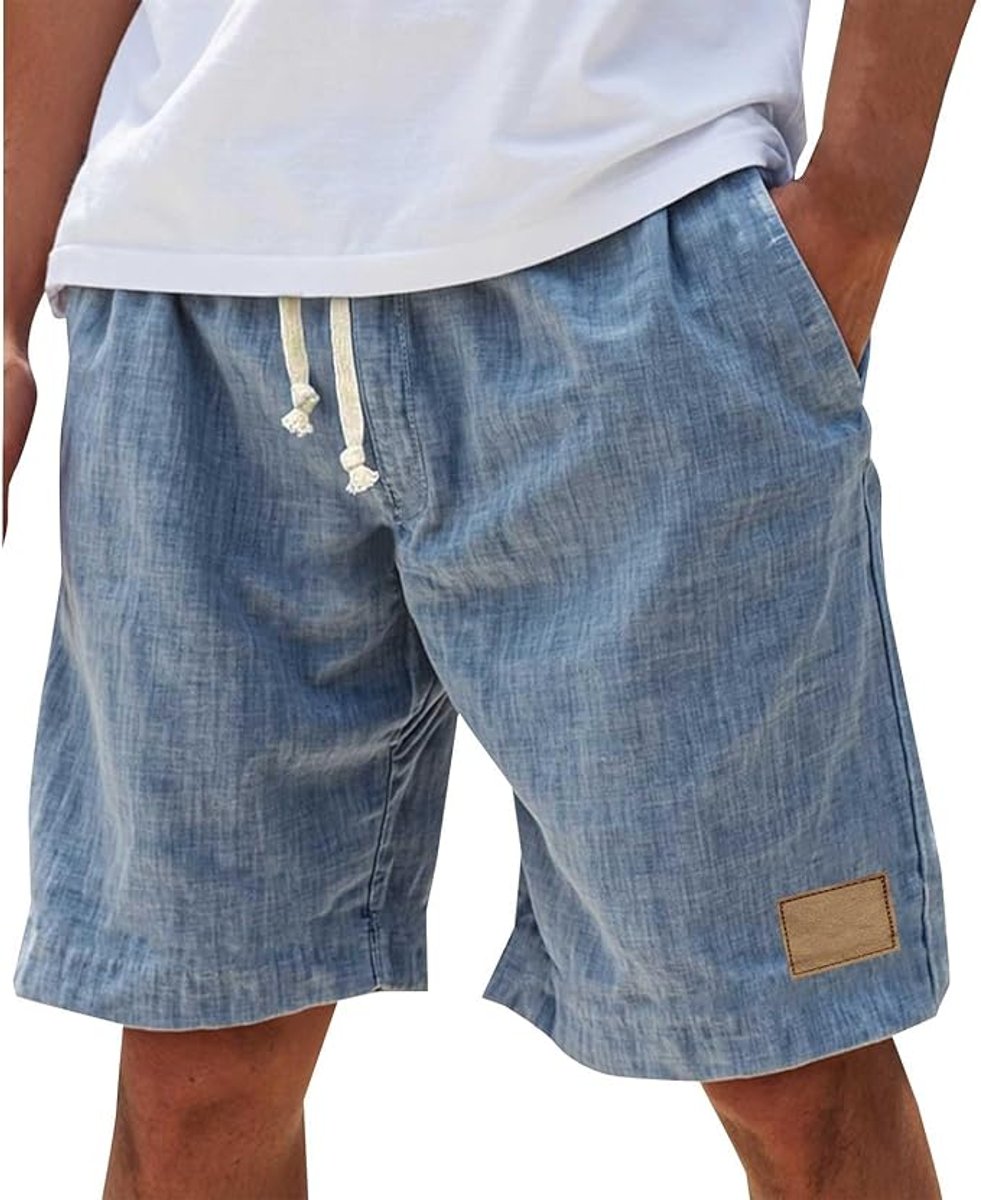 Heren Linnen Casual Korte Broek Trekkoord Elastische Taille - Blauw