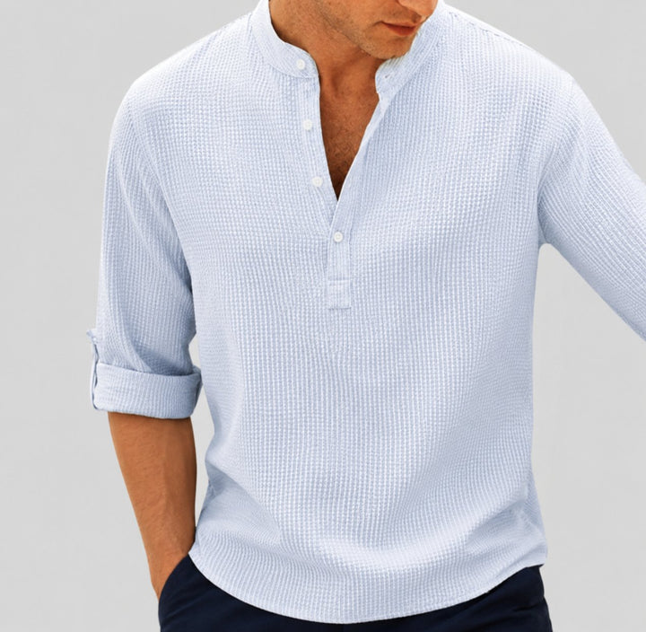 Heren Linnen Henley-hemd Opstaande Kraag Oprolbare Mouwen Zomer - Blau