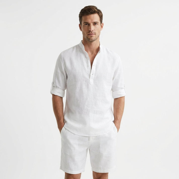 Heren Linnen Henley Mao-Kraag Opgerolde Mouwen Overhemd - Blanco