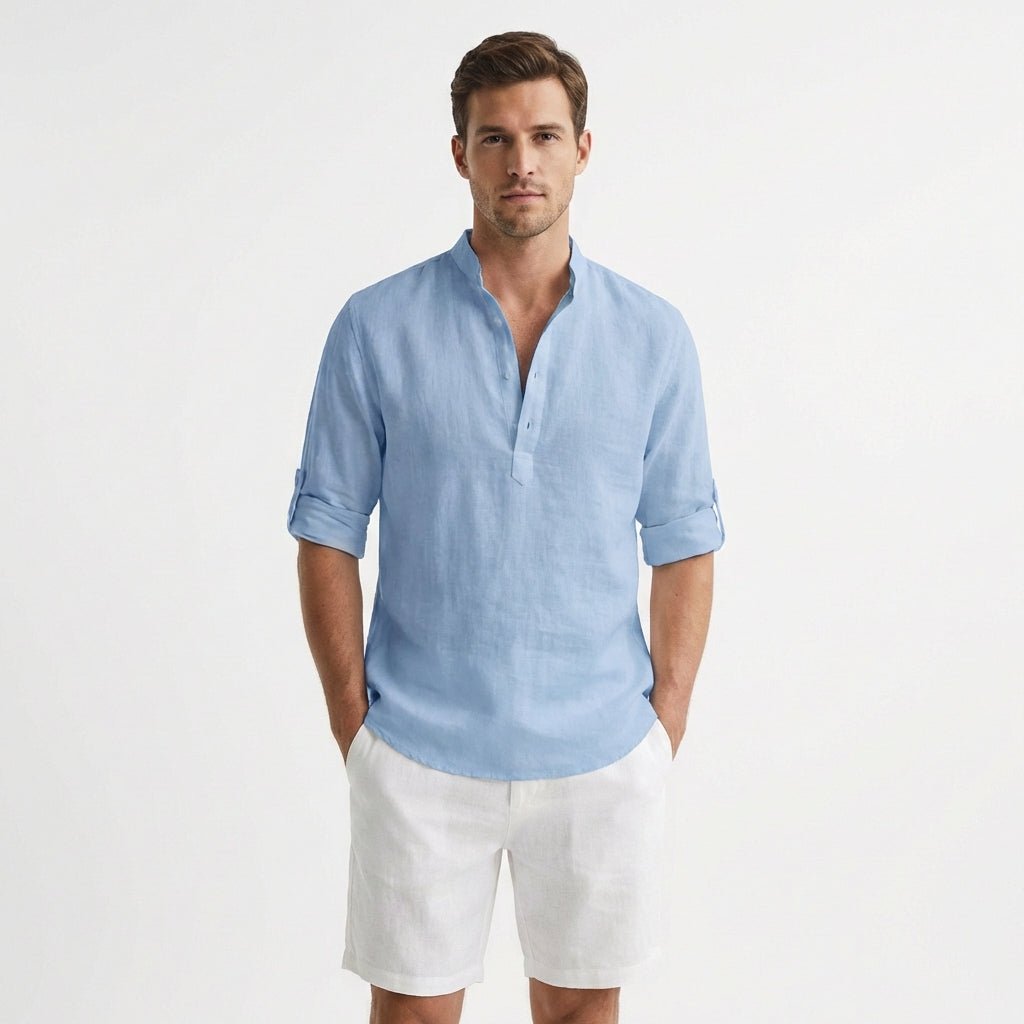 Heren Linnen Henley Mao-Kraag Opgerolde Mouwen Overhemd - Azul Claro