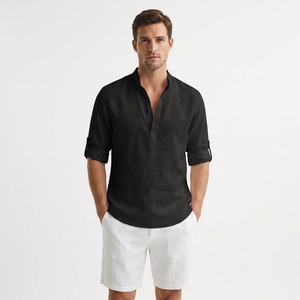 Heren Linnen Henley Mao-Kraag Opgerolde Mouwen Overhemd - Negro
