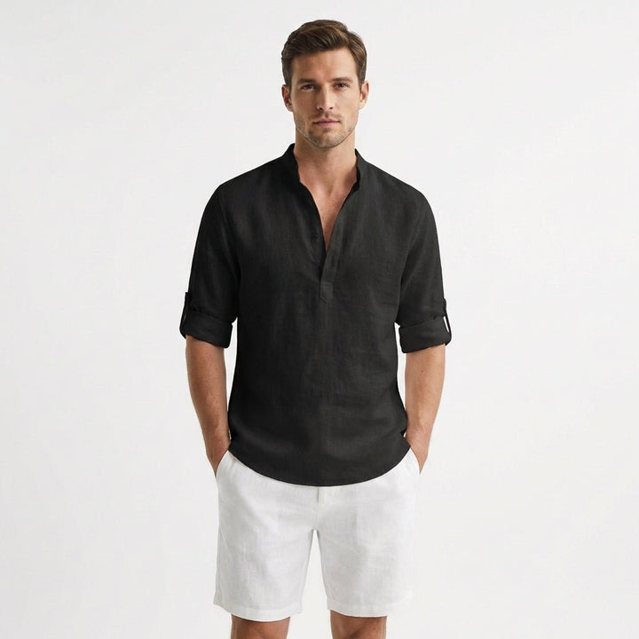 Heren Linnen Henley Mao-Kraag Opgerolde Mouwen Overhemd - Negro