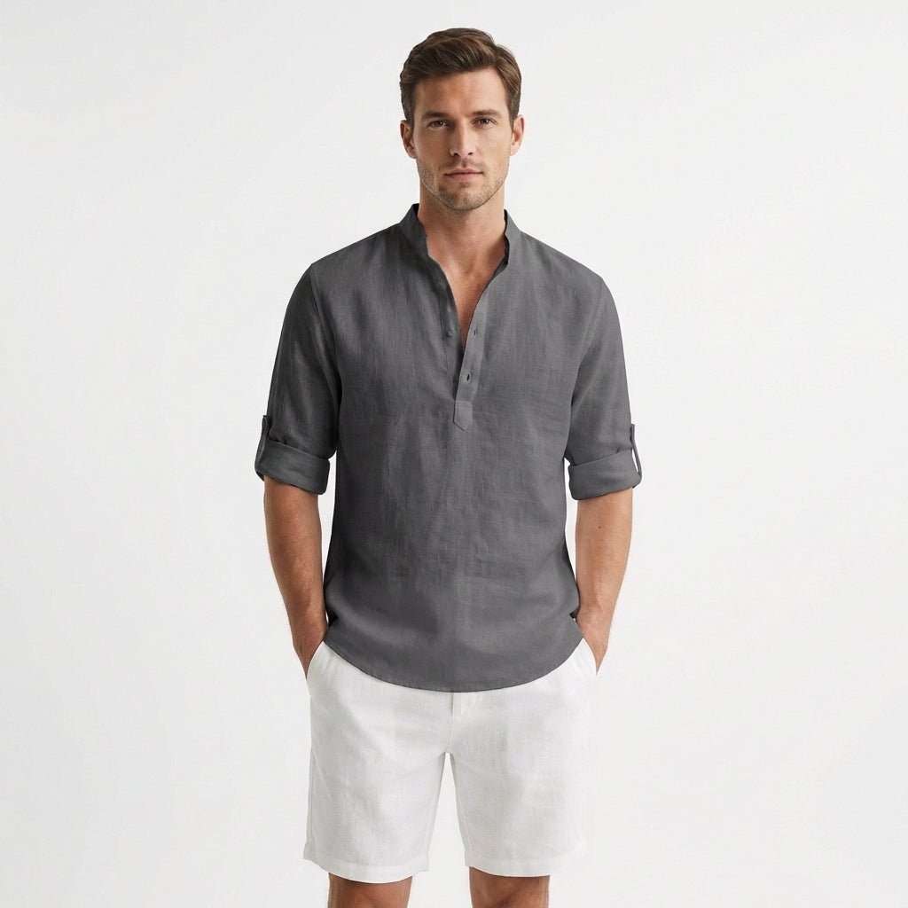 Heren Linnen Henley Mao-Kraag Opgerolde Mouwen Overhemd - Gris