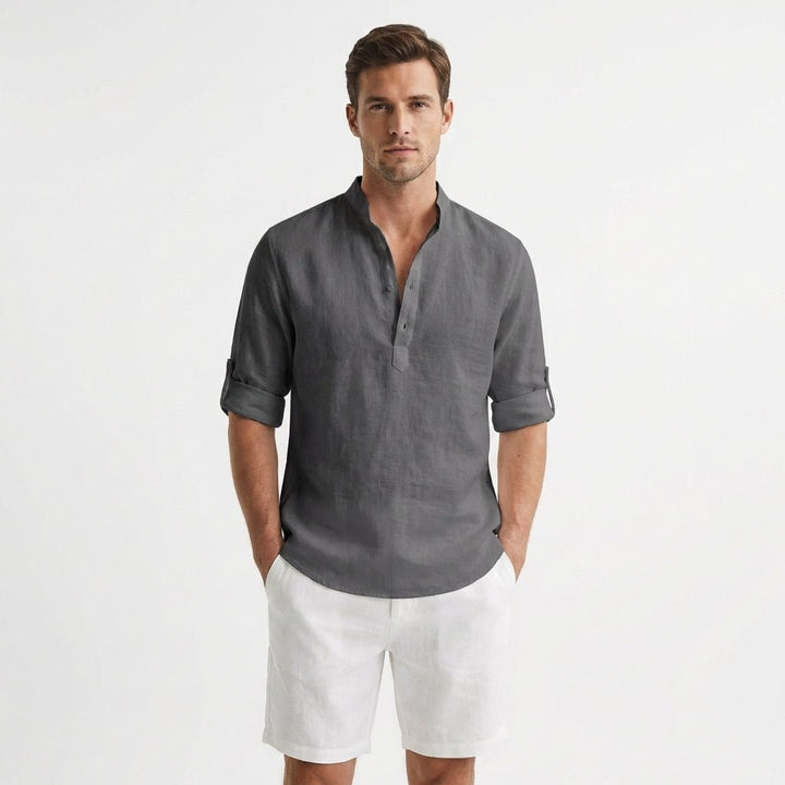 Heren Linnen Henley Mao-Kraag Opgerolde Mouwen Overhemd - Gris