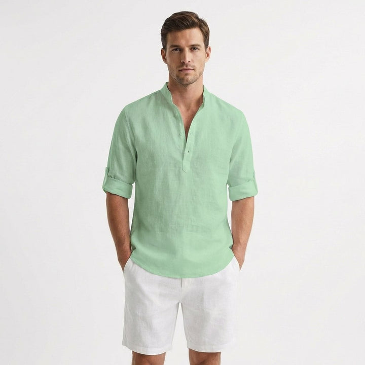 Heren Linnen Henley Mao-Kraag Opgerolde Mouwen Overhemd - Verde menta
