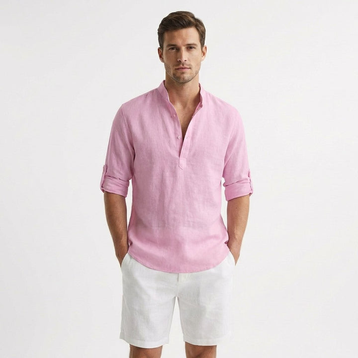 Heren Linnen Henley Mao-Kraag Opgerolde Mouwen Overhemd - Rosa