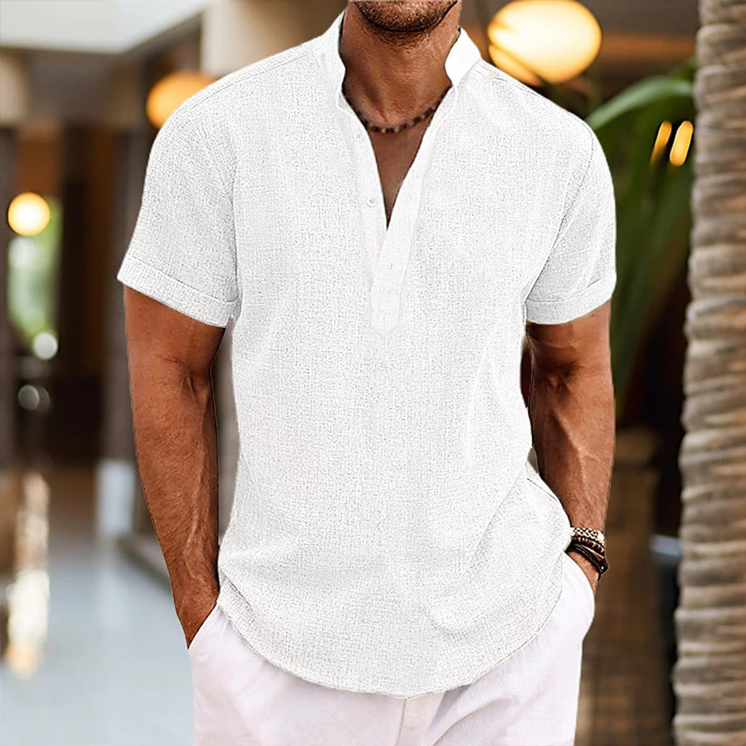 Heren Linnen Korte Mouw Henley Zomershirt Knoopsluiting - Wit