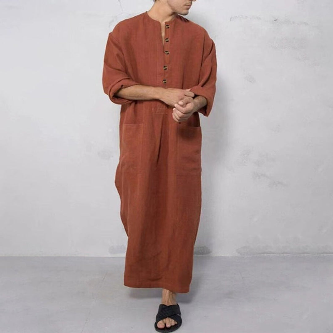 Heren Linnen Maxi Tunic Wijde Kaftan Stehkraag Knoopsluiting