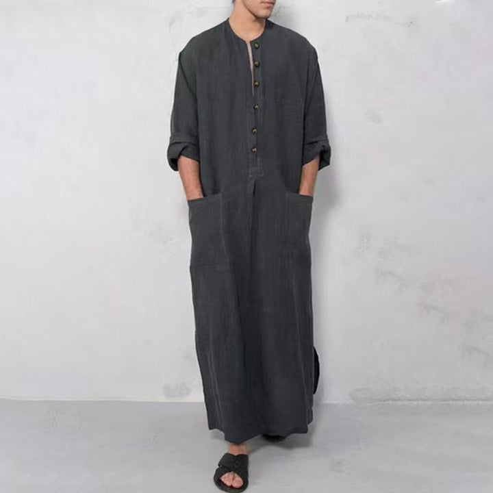 Heren Linnen Maxi Tunic Wijde Kaftan Stehkraag Knoopsluiting