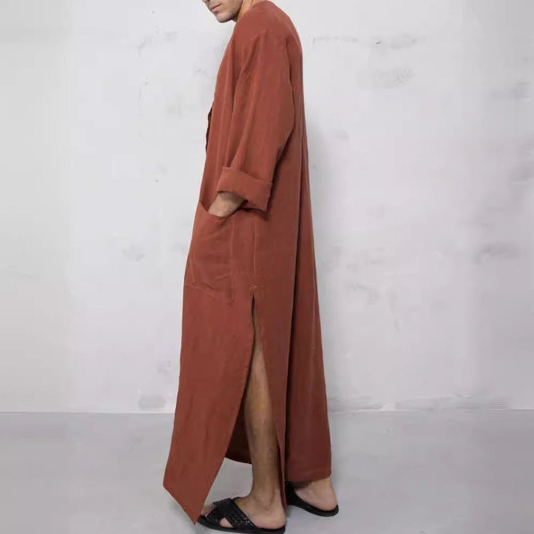 Heren Linnen Maxi Tunic Wijde Kaftan Stehkraag Knoopsluiting