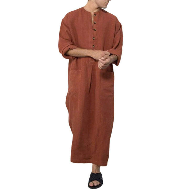 Heren Linnen Maxi Tunic Wijde Kaftan Stehkraag Knoopsluiting - Bruin