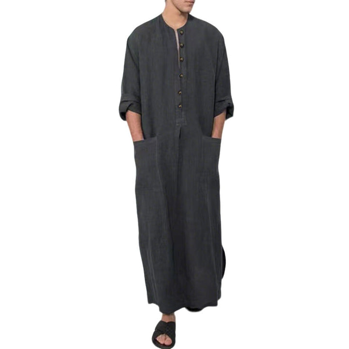 Heren Linnen Maxi Tunic Wijde Kaftan Stehkraag Knoopsluiting - Grijs