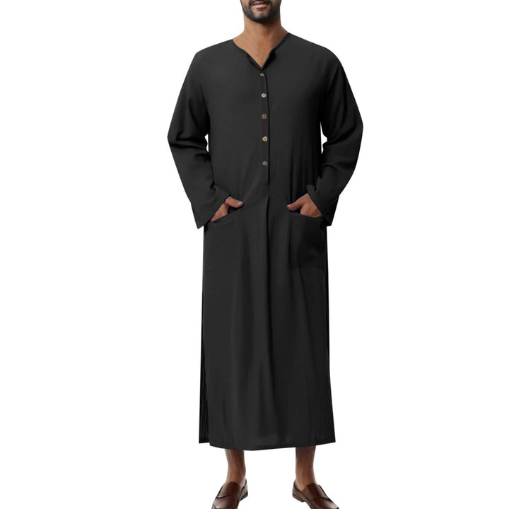 Heren Linnen Maxi Tunic Wijde Kaftan Stehkraag Knoopsluiting - Zwart