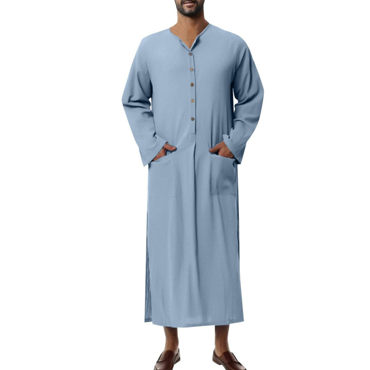 Heren Linnen Maxi Tunic Wijde Kaftan Stehkraag Knoopsluiting - Lichtblauw