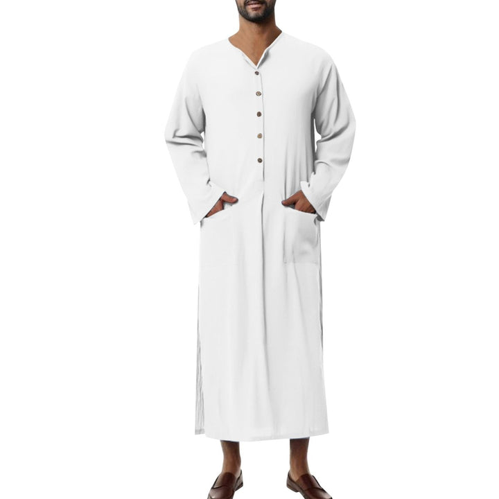 Heren Linnen Maxi Tunic Wijde Kaftan Stehkraag Knoopsluiting - Wit