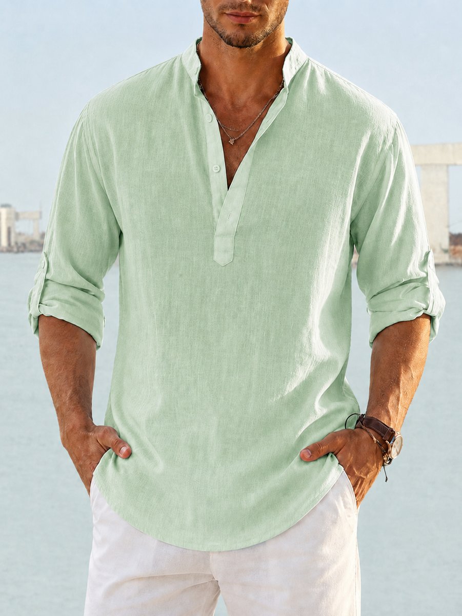 Heren Linnen Relaxed-Fit Henley Overhemd met Lange Mouwen - Lichtgroen
