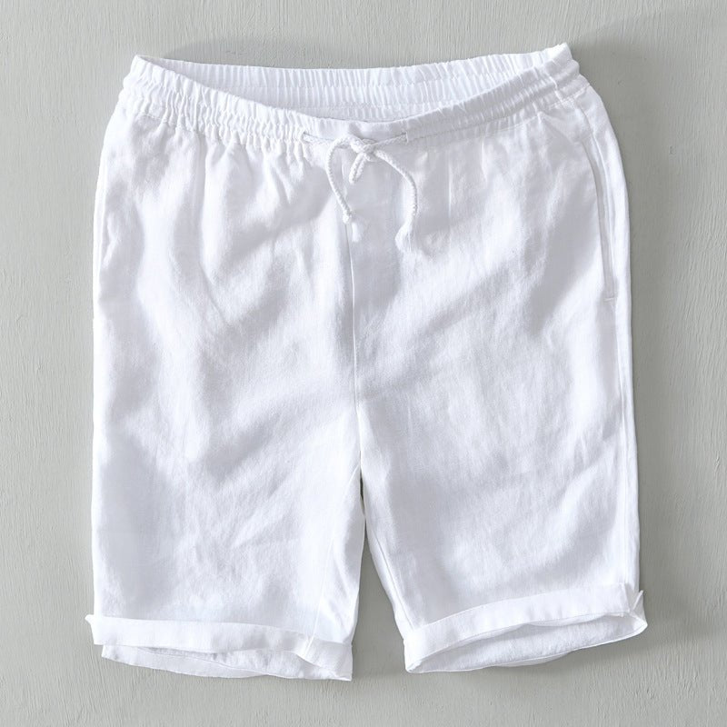 Heren Linnen Shorts Mid-Rise Trekkoord Ontspannen Pasvorm - White