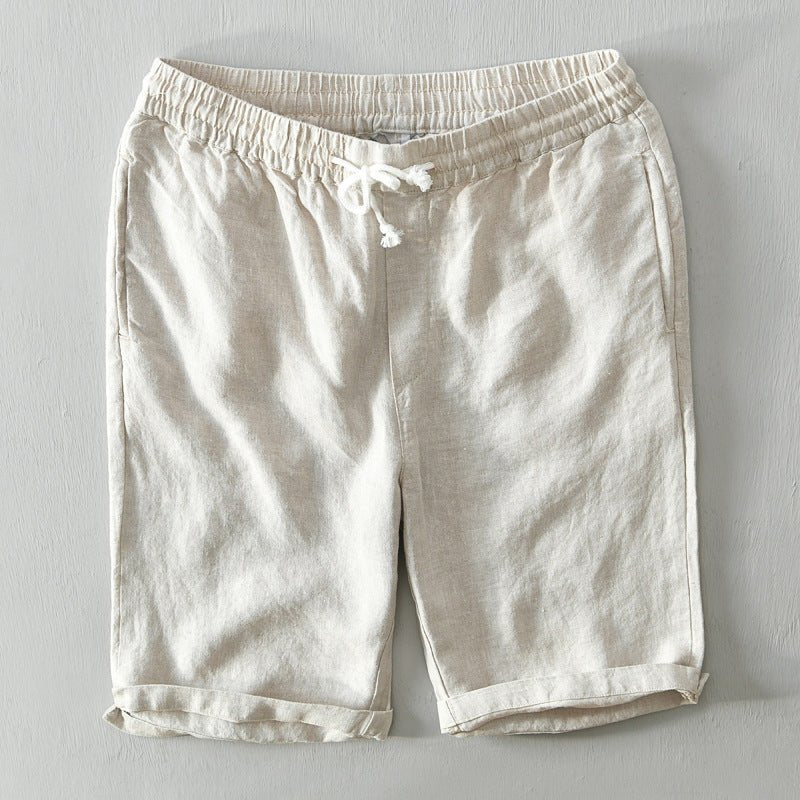 Heren Linnen Shorts Mid-Rise Trekkoord Ontspannen Pasvorm - Beige