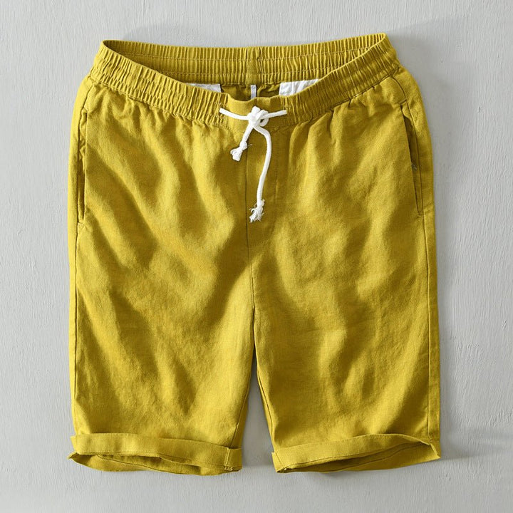 Heren Linnen Shorts Mid-Rise Trekkoord Ontspannen Pasvorm - Yellow