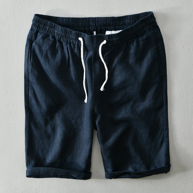 Heren Linnen Shorts Mid-Rise Trekkoord Ontspannen Pasvorm - Blue