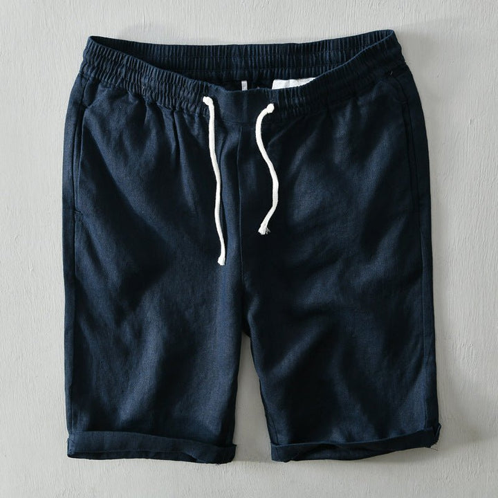 Heren Linnen Shorts Mid-Rise Trekkoord Ontspannen Pasvorm - Blue