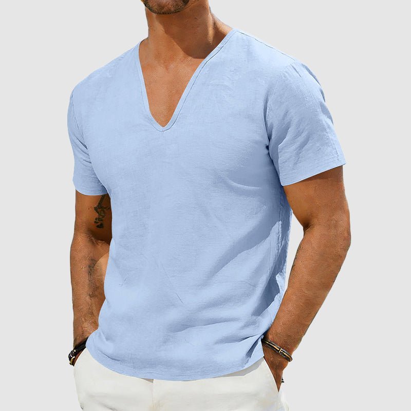 Heren Linnen V-Hals T-Shirt Relaxed Fit Korte Mouw - Blue