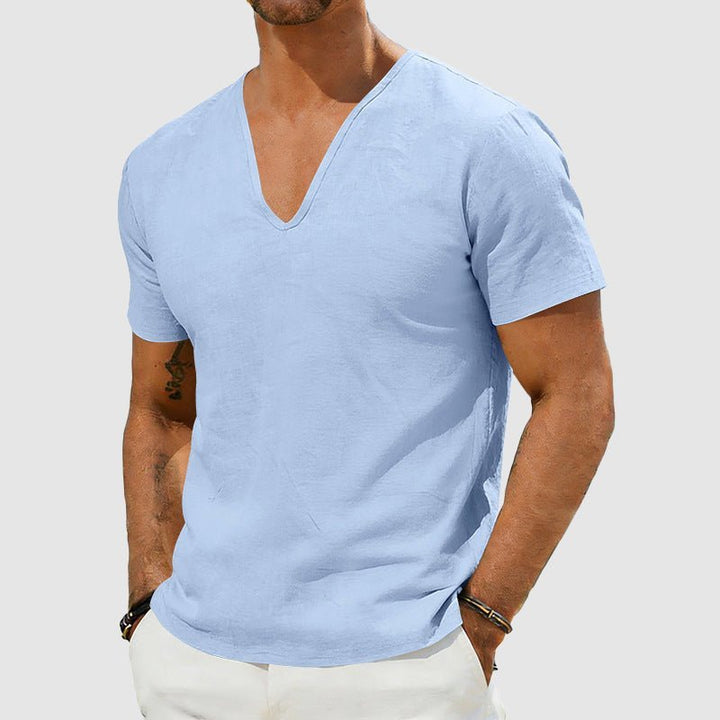 Heren Linnen V-Hals T-Shirt Relaxed Fit Korte Mouw - Blue