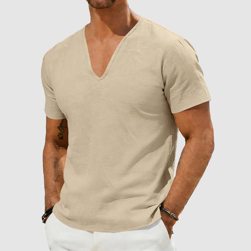 Heren Linnen V-Hals T-Shirt Relaxed Fit Korte Mouw - Khaki