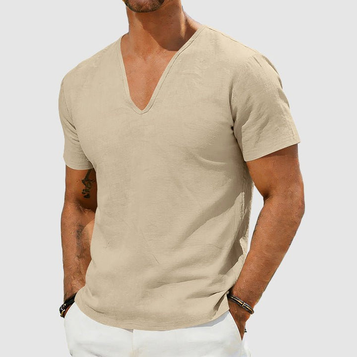 Heren Linnen V-Hals T-Shirt Relaxed Fit Korte Mouw - Khaki