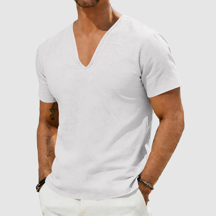 Heren Linnen V-Hals T-Shirt Relaxed Fit Korte Mouw - White